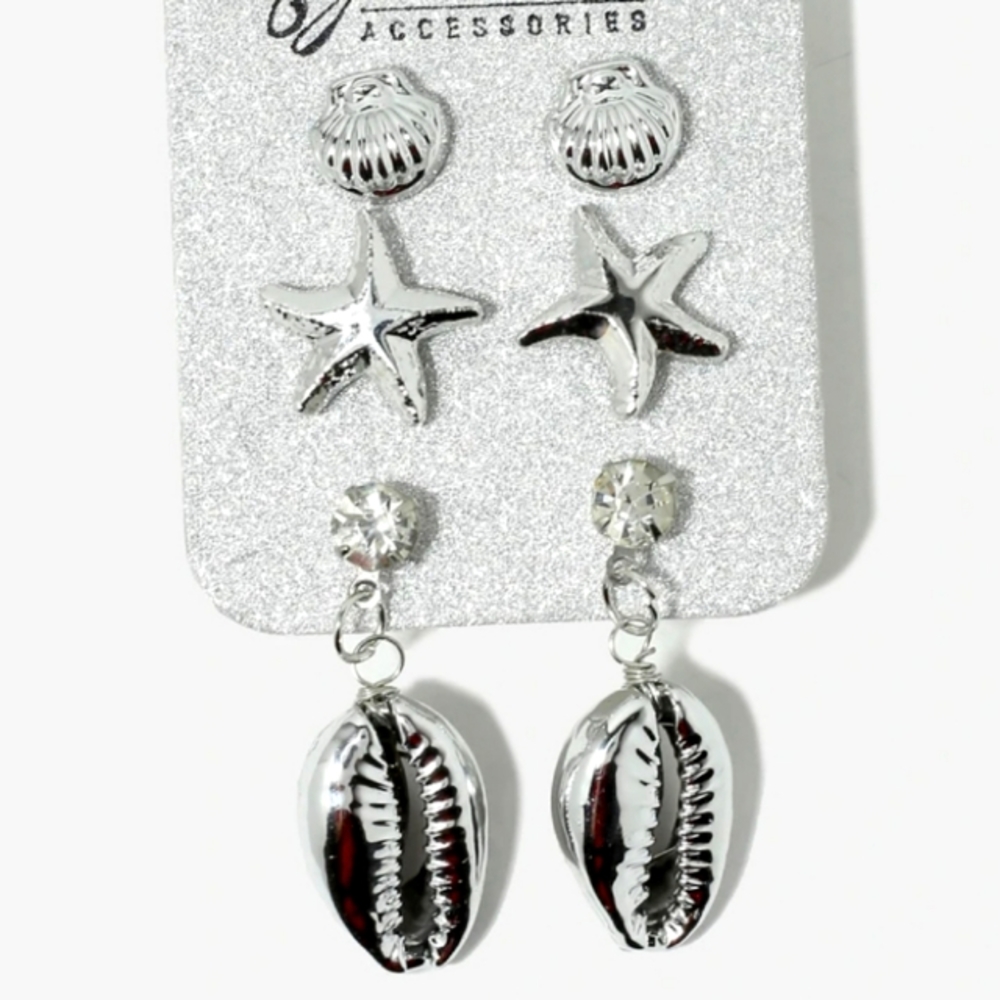 🎉 HOST PICK🎉 ❤ 4/$15❤ Silver Tone3-Pair Starfish & Cowrie Shell Earrings